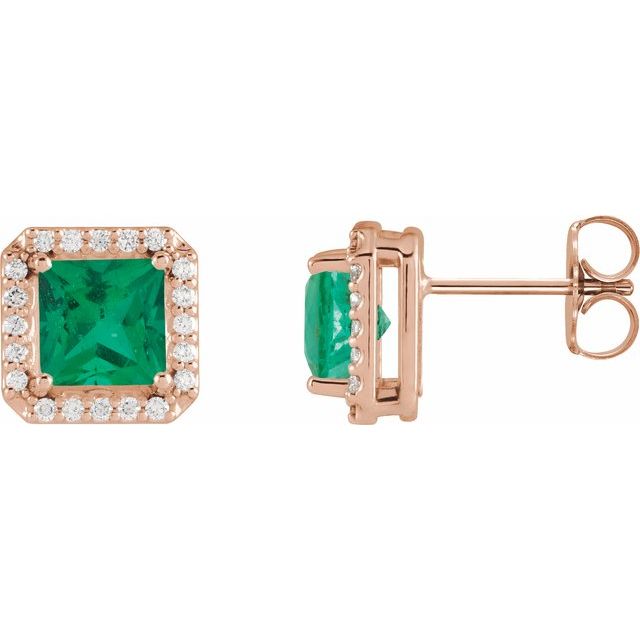 14K Rose 5x5 mm Lab-Grown Emerald 1/6 CTW Natural Diamond Halo-Style Earrings