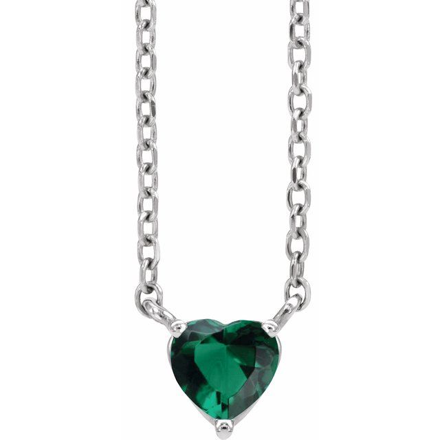 14K White Lab-Grown Emerald Heart 16-18" Necklace