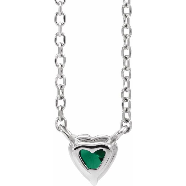14K White Lab-Grown Emerald Heart 16-18" Necklace