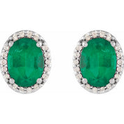 14K White 6x4 mm Lab-Grown Emerald & .06 CTW Natural Diamond Halo-Style Earrings