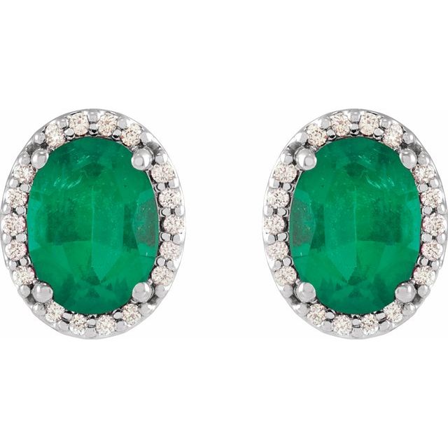 14K White 6x4 mm Lab-Grown Emerald & .06 CTW Natural Diamond Halo-Style Earrings
