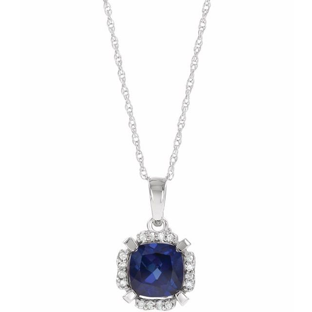 14K White Lab-Grown Blue Sapphire & .04 CTW Natural Diamond 18" Necklace