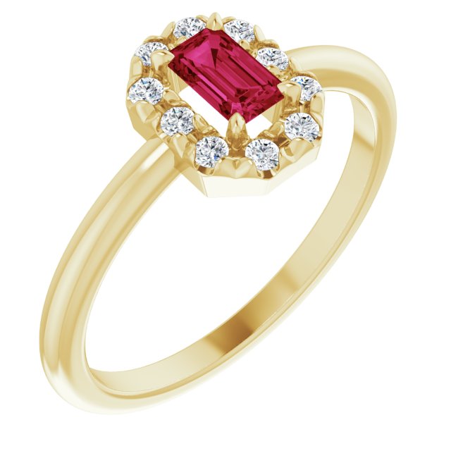 14K Yellow Lab-Grown Ruby & 1/8 CTW Natural Diamond French-Set Halo-Style Ring
