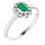 14K White Natural Emerald & 1/8 CTW Natural Diamond French-Set Halo-Style Ring