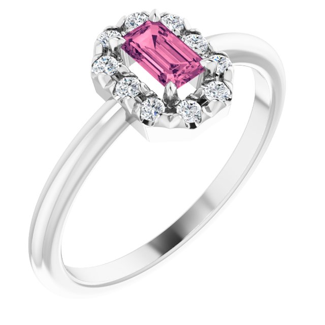 14K White Natural Pink Tourmaline & 1/8 CTW Natural Diamond French-Set Halo-Style Ring
