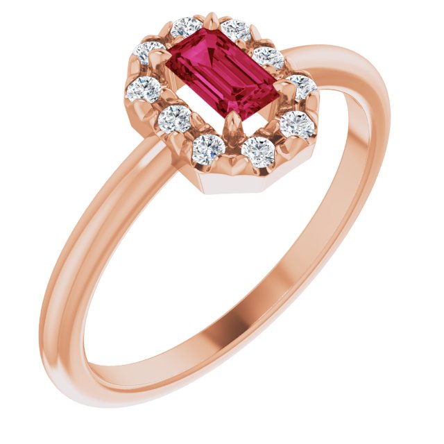 14K Rose Natural Ruby & 1/8 CTW Natural Diamond French-Set Halo-Style Ring
