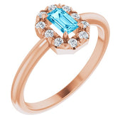 14K Rose Natural Aquamarine & 1/8 CTW Natural Diamond French-Set Halo-Style Ring