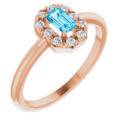 14K Rose Natural Aquamarine & 1/8 CTW Natural Diamond French-Set Halo-Style Ring