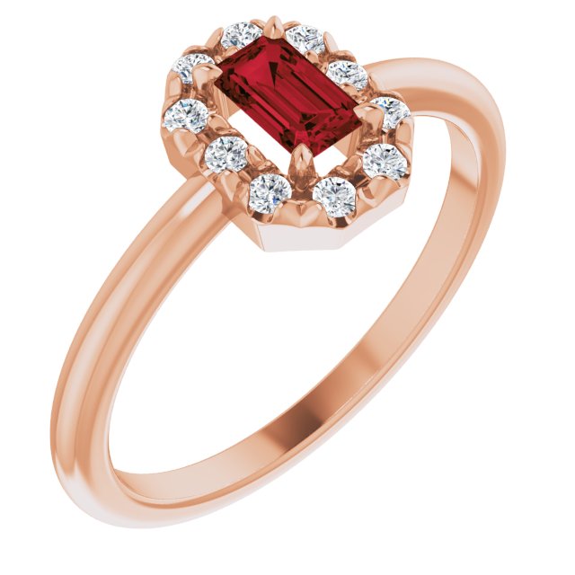 14K Rose Natural Mozambique Garnet & 1/8 CTW Natural Diamond French-Set Halo-Style Ring