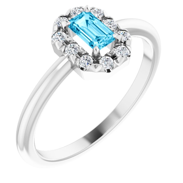 Sterling Silver Natural Aquamarine & 1/8 CTW Natural Diamond French-Set Halo-Style Ring