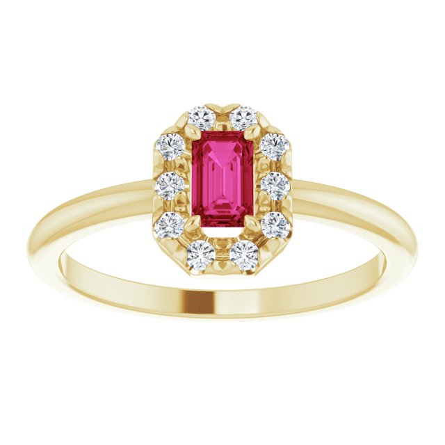 14K Yellow Lab-Grown Ruby & 1/8 CTW Natural Diamond French-Set Halo-Style Ring