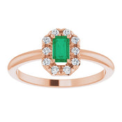 14K Rose Natural Emerald & 1/8 CTW Natural Diamond French-Set Halo-Style Ring