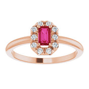 14K Rose Lab-Grown Ruby & 1/8 CTW Natural Diamond French-Set Halo-Style Ring