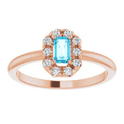 14K Rose Natural Aquamarine & 1/8 CTW Natural Diamond French-Set Halo-Style Ring