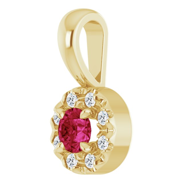 14K Yellow 3 mm Lab-Grown Ruby & .03 CTW Natural Diamond Halo-Style Pendant