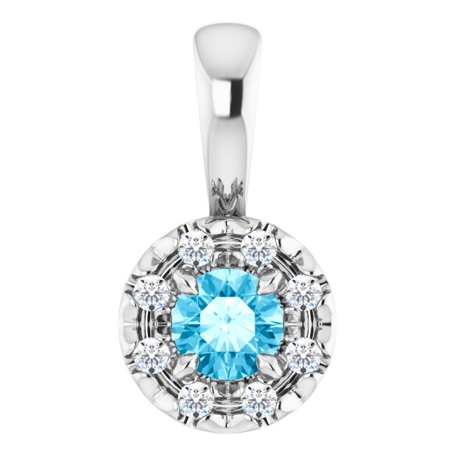 14K White 3 mm Natural Aquamarine & .03 CTW Natural Diamond Halo-Style Pendant