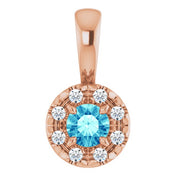 14K Rose 3 mm Natural Blue Zircon & .03 CTW Natural Diamond Halo-Style Pendant
