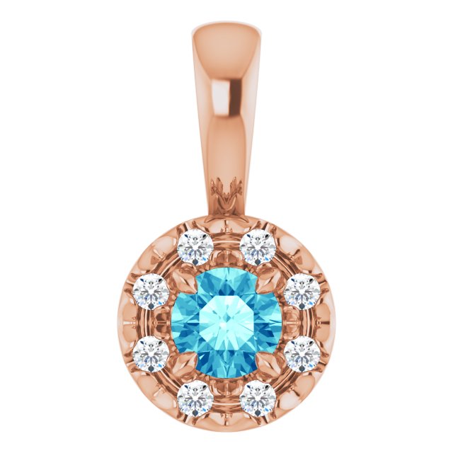 14K Rose 3 mm Natural Blue Zircon & .03 CTW Natural Diamond Halo-Style Pendant