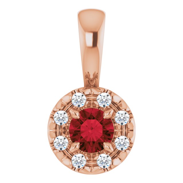 14K Rose 3 mm Natural Mozambique Garnet & .03 CTW Natural Diamond Halo-Style Pendant