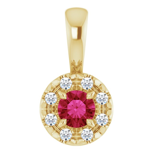 14K Yellow 3 mm Lab-Grown Ruby & .03 CTW Natural Diamond Halo-Style Pendant