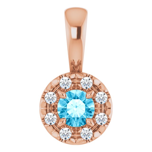 14K Rose 3 mm Natural Aquamarine & .03 CTW Natural Diamond Halo-Style Pendant