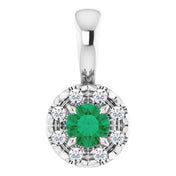 14K White 3 mm Natural Emerald & .03 CTW Natural Diamond Halo-Style Pendant