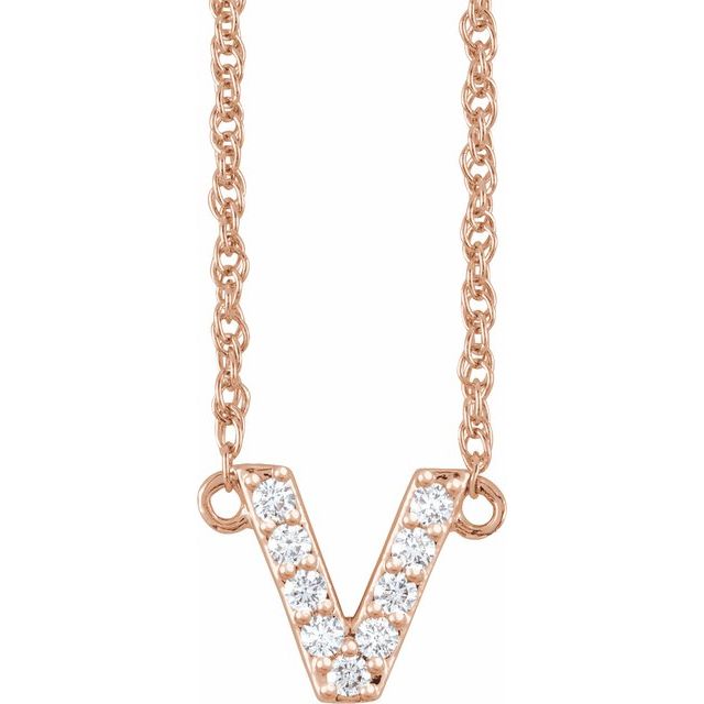 14K Rose 1/10 CTW Natural Diamond Lowercase Initial V 16" Necklace