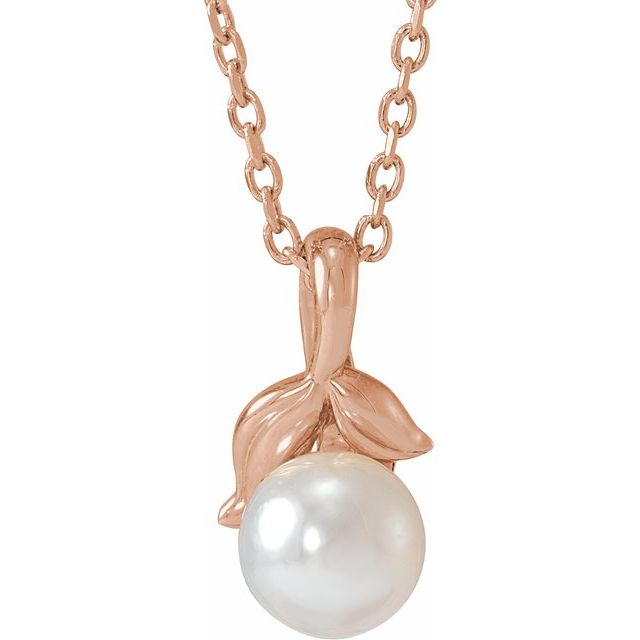 14K Rose 6 mm Cultured White Akoya Pearl Floral 16-18" Necklace