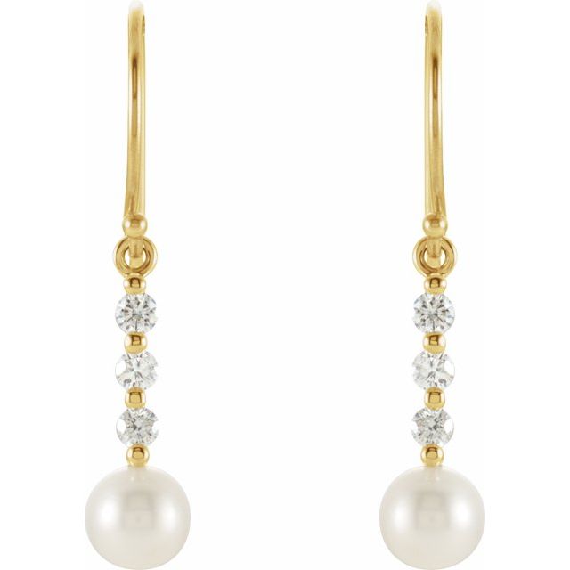 14K Yellow Cultured White Freshwater Pearl & 1/4 CTW Natural Diamond Earrings