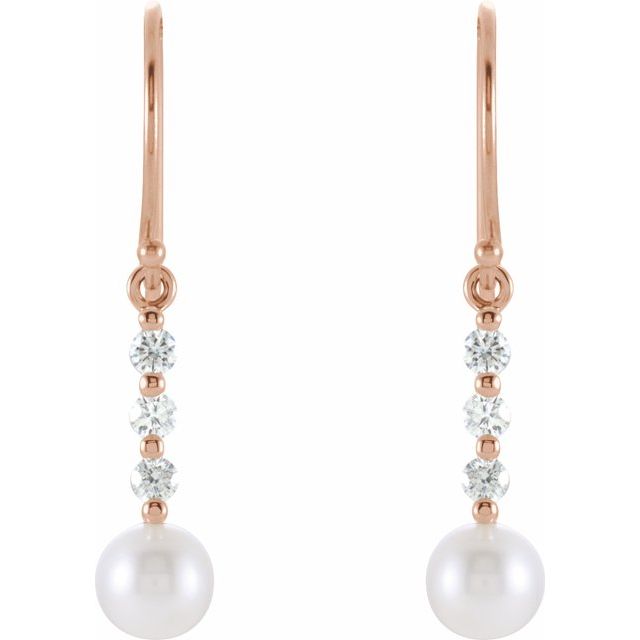 14K Rose Cultured White Freshwater Pearl & 1/4 CTW Natural Diamond Earrings