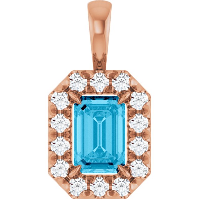 14K Rose 6x4 mm Natural Aquamarine & 1/5 CTW Natural Diamond Halo-Style Pendant