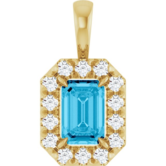 14K Yellow 6x4 mm Natural Aquamarine & 1/5 CTW Natural Diamond Halo-Style Pendant