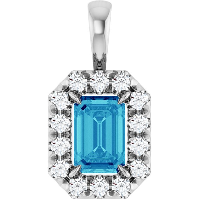 14K White 6x4 mm Natural Blue Zircon & 1/5 CTW Natural Diamond Halo-Style Pendant