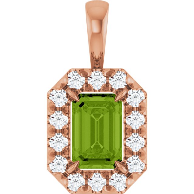 14K Rose 6x4 mm Natural Peridot & 1/5 CTW Natural Diamond Halo-Style Pendant