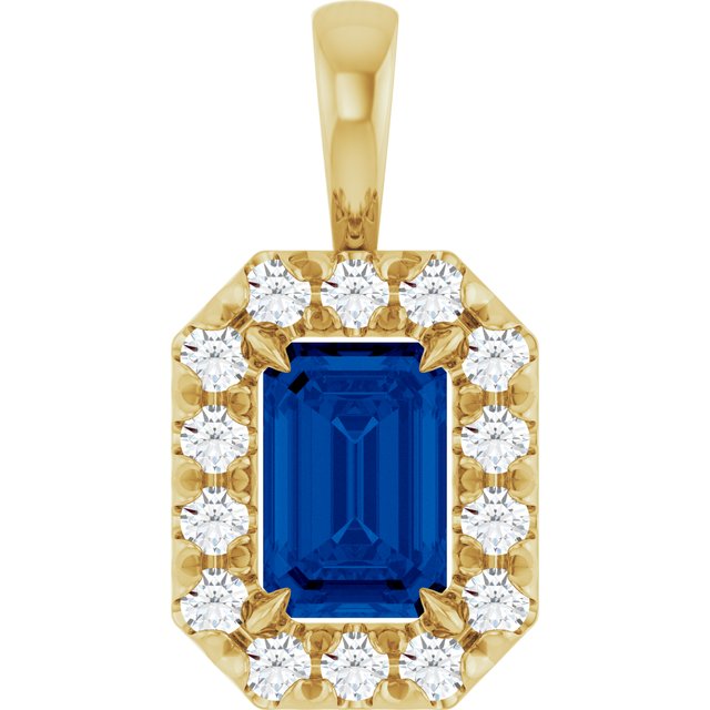 14K Yellow 6x4 mm Natural Blue Sapphire & 1/5 CTW Natural Diamond Halo-Style Pendant