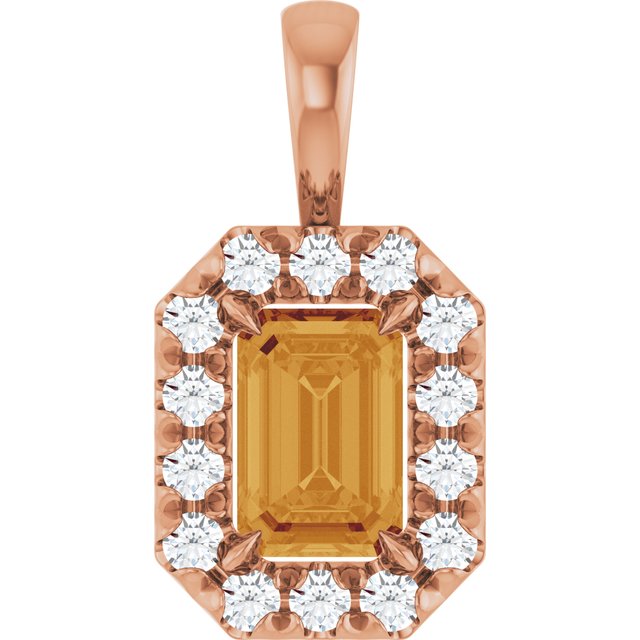 14K Rose 6x4 mm Natural Citrine & 1/5 CTW Natural Diamond Halo-Style Pendant