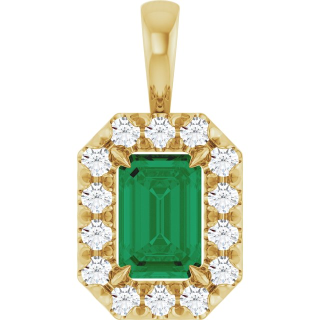 14K Yellow 6x4 mm Natural Emerald & 1/5 CTW Natural Diamond Halo-Style Pendant