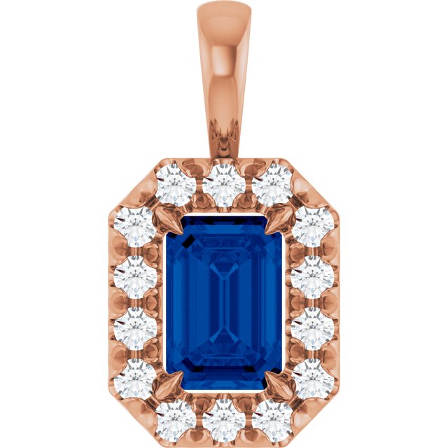 14K Rose 6x4 mm Lab-Grown Blue Sapphire & 1/5 CTW Natural Diamond Halo-Style Pendant
