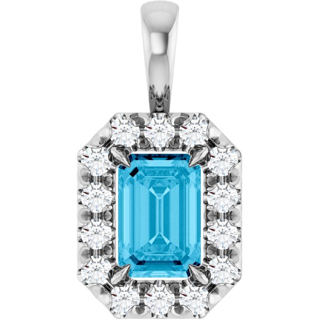 14K White 6x4 mm Natural Aquamarine & 1/5 CTW Natural Diamond Halo-Style Pendant