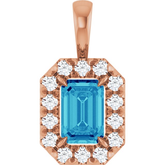 14K Rose 6x4 mm Natural Blue Zircon & 1/5 CTW Natural Diamond Halo-Style Pendant