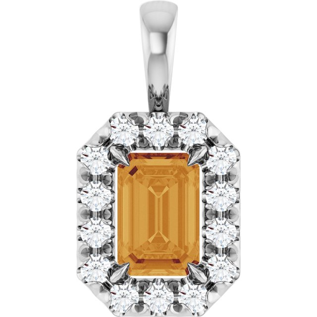 14K White 6x4 mm Natural Citrine & 1/5 CTW Natural Diamond Halo-Style Pendant