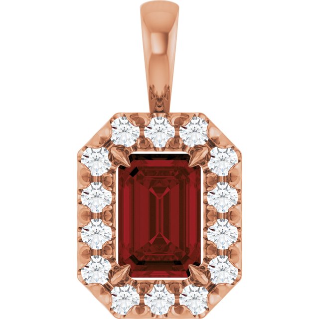 14K Rose 6x4 mm Natural Mozambique Garnet & 1/5 CTW Natural Diamond Halo-Style Pendant
