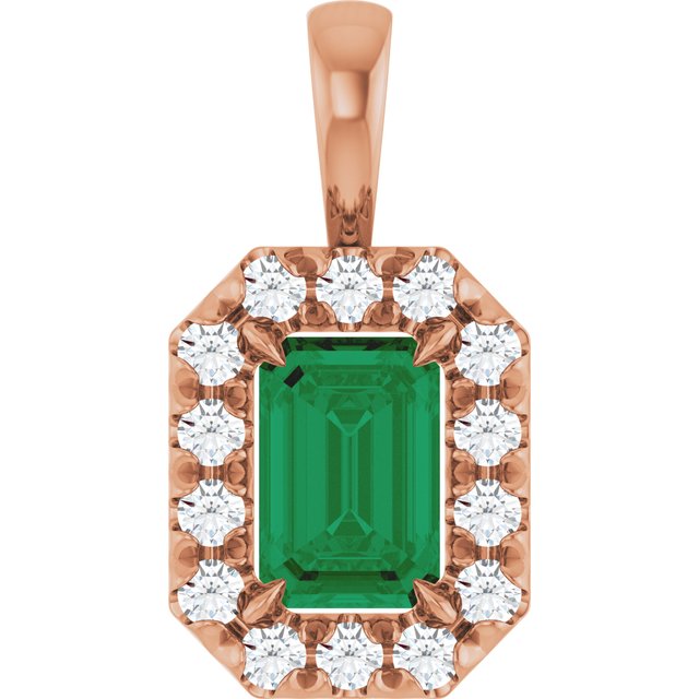 14K Rose 6x4 mm Natural Emerald & 1/5 CTW Natural Diamond Halo-Style Pendant