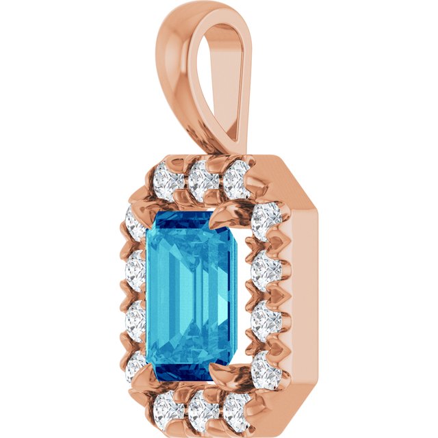 14K Rose 6x4 mm Natural Blue Zircon & 1/5 CTW Natural Diamond Halo-Style Pendant