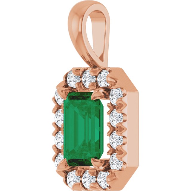 14K Rose 6x4 mm Natural Emerald & 1/5 CTW Natural Diamond Halo-Style Pendant