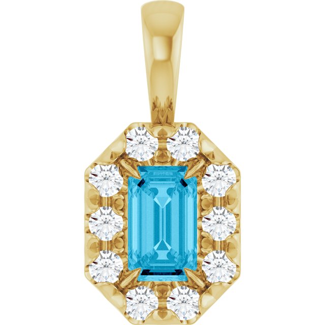 14K Yellow 5x3 mm Natural Aquamarine & 1/8 CTW Natural Diamond Halo-Style Pendant