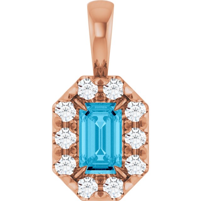 14K Rose 5x3 mm Natural Aquamarine & 1/8 CTW Natural Diamond Halo-Style Pendant