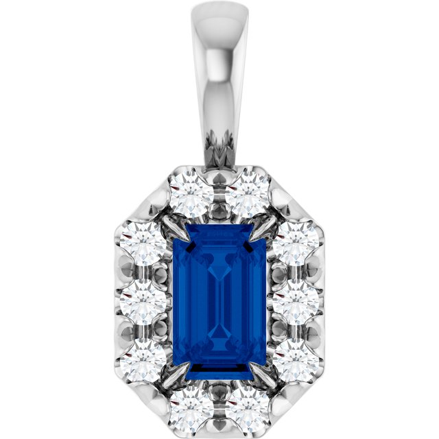 14K White 5x3 mm Natural Blue Sapphire & 1/8 CTW Natural Diamond Halo-Style Pendant