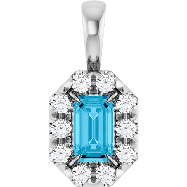 14K White 5x3 mm Natural Aquamarine & 1/8 CTW Natural Diamond Halo-Style Pendant