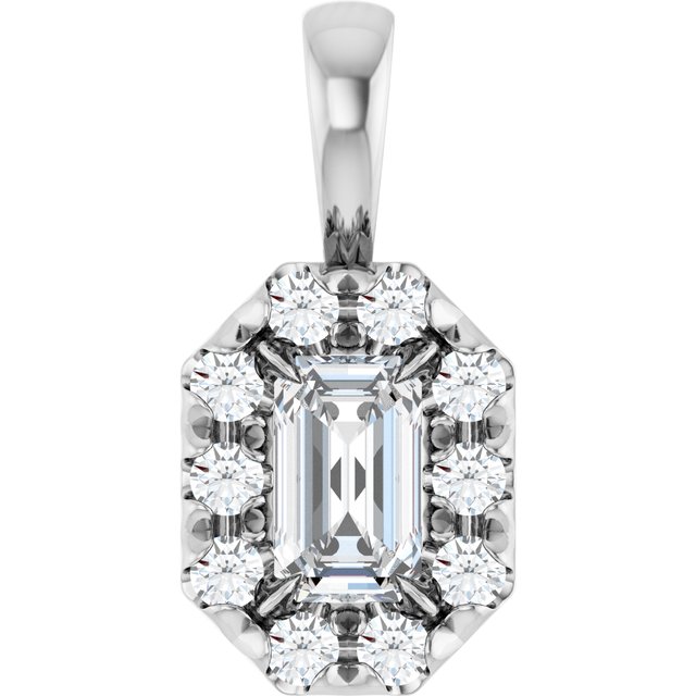 Sterling Silver 5x3 mm Natural White Sapphire & 1/8 CTW Natural Diamond Halo-Style Pendant